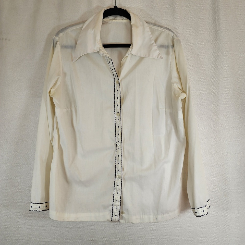 Vintage Handmade Button Up Shirt Womens M Embroidered Trim Cotton Boho Office